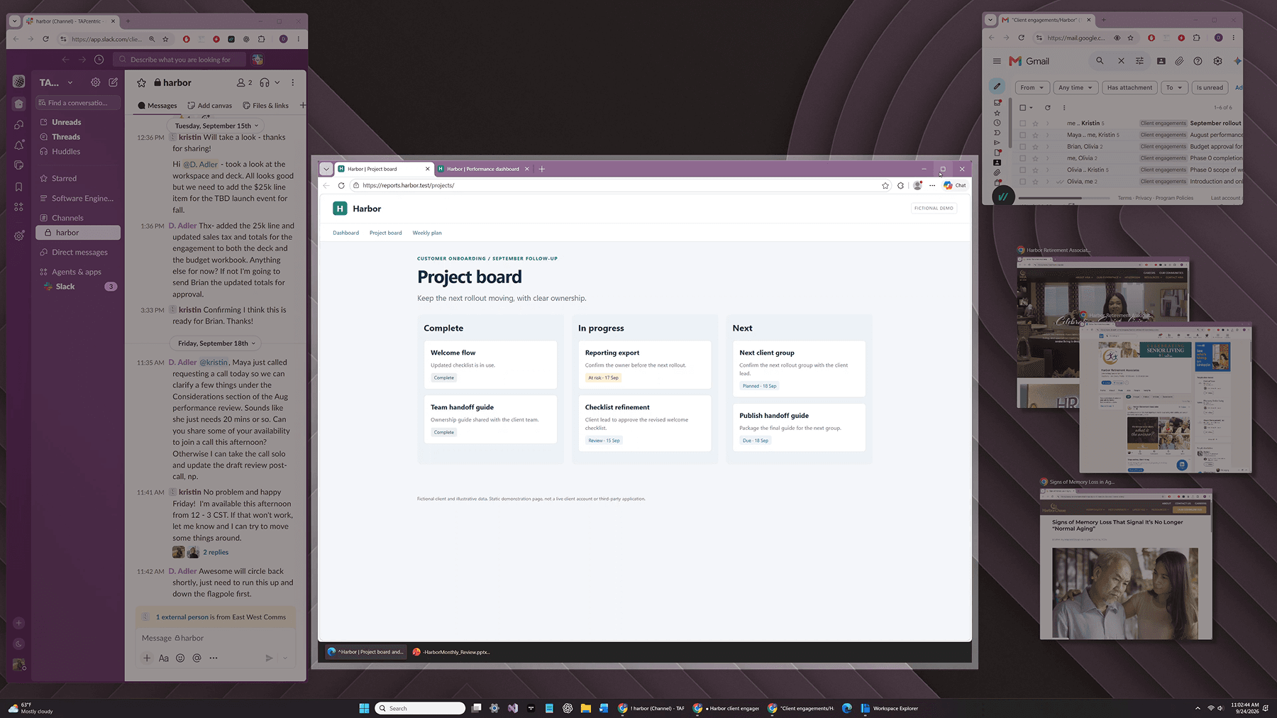 OpenWorkspace desktop with primary windows in a Focal Region and supporting windows in the surrounding Contextual Region