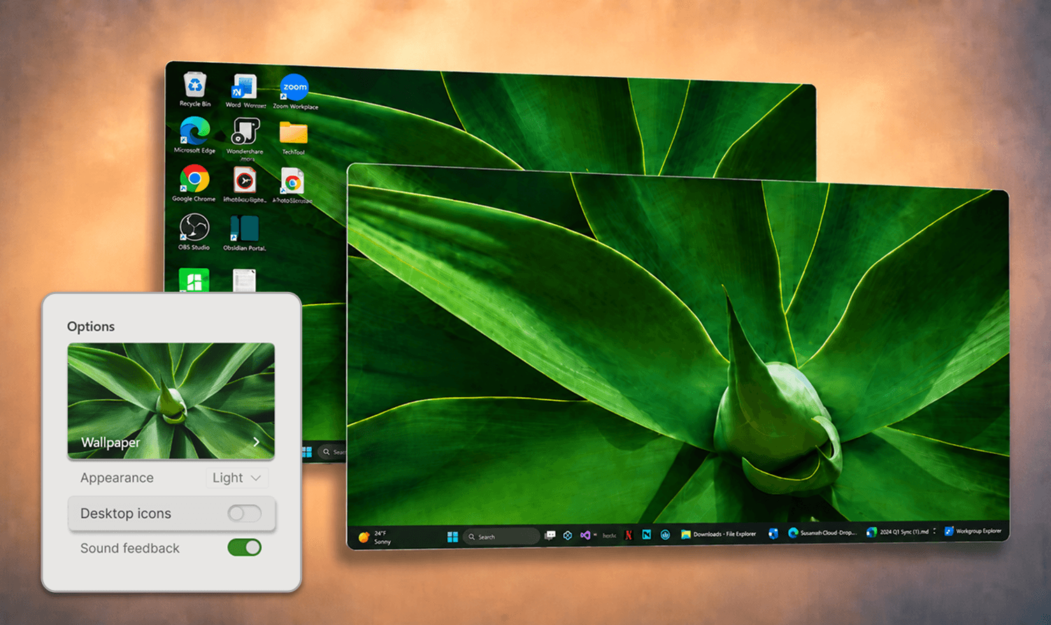 A workspace demonstrating desktop icons shown and hidden