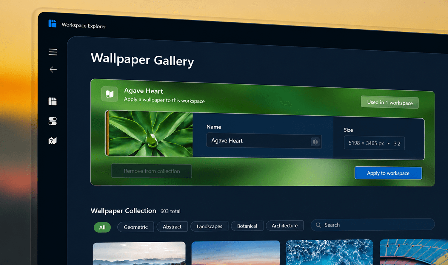 Workspace Explorer Wallpaper Gallery showing an Agave Heart wallpaper ready to apply