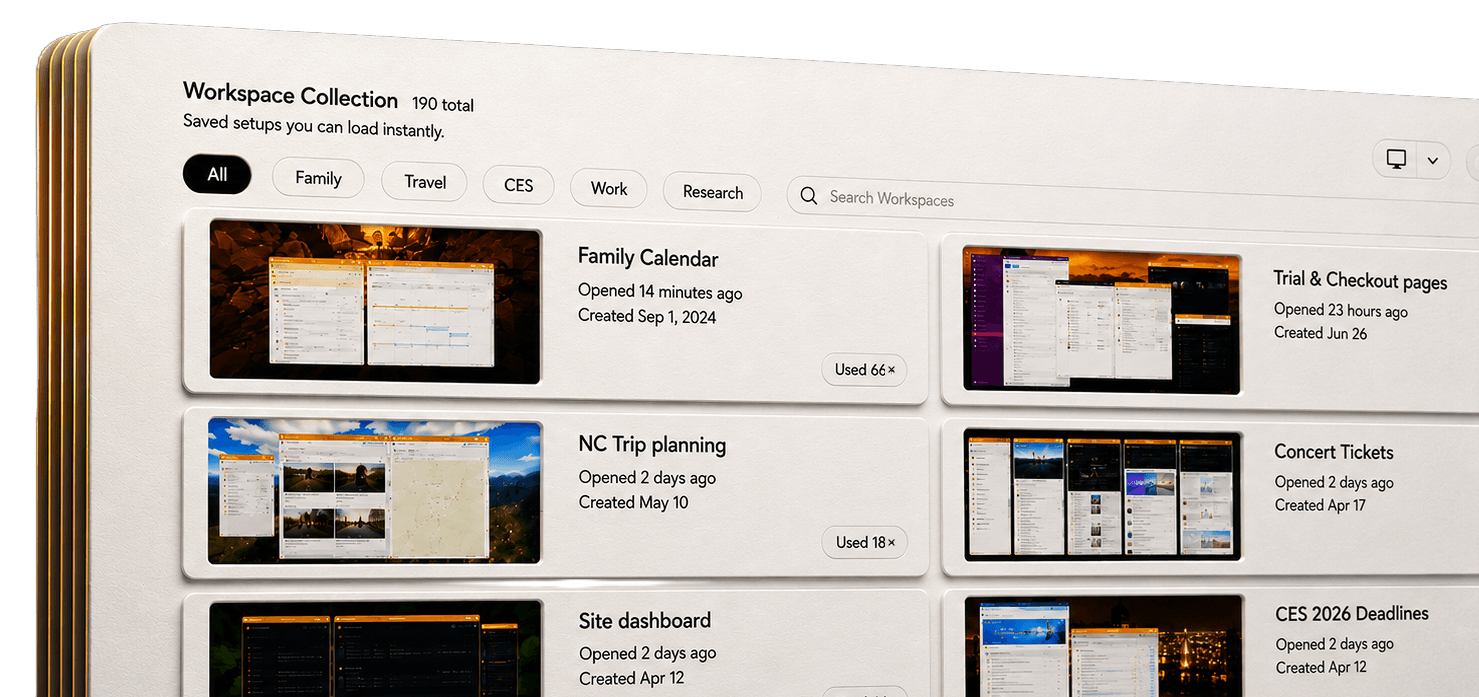 Workspace Explorer showing a searchable collection of named workspaces with saved desktop previews