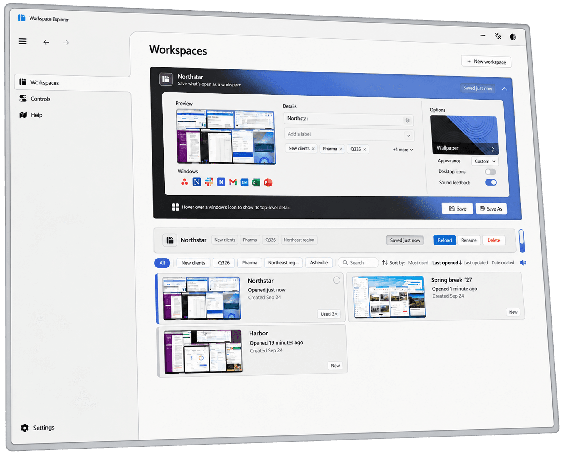 Workspace Explorer showing the saved Northstar workspace and its windows, files, and options