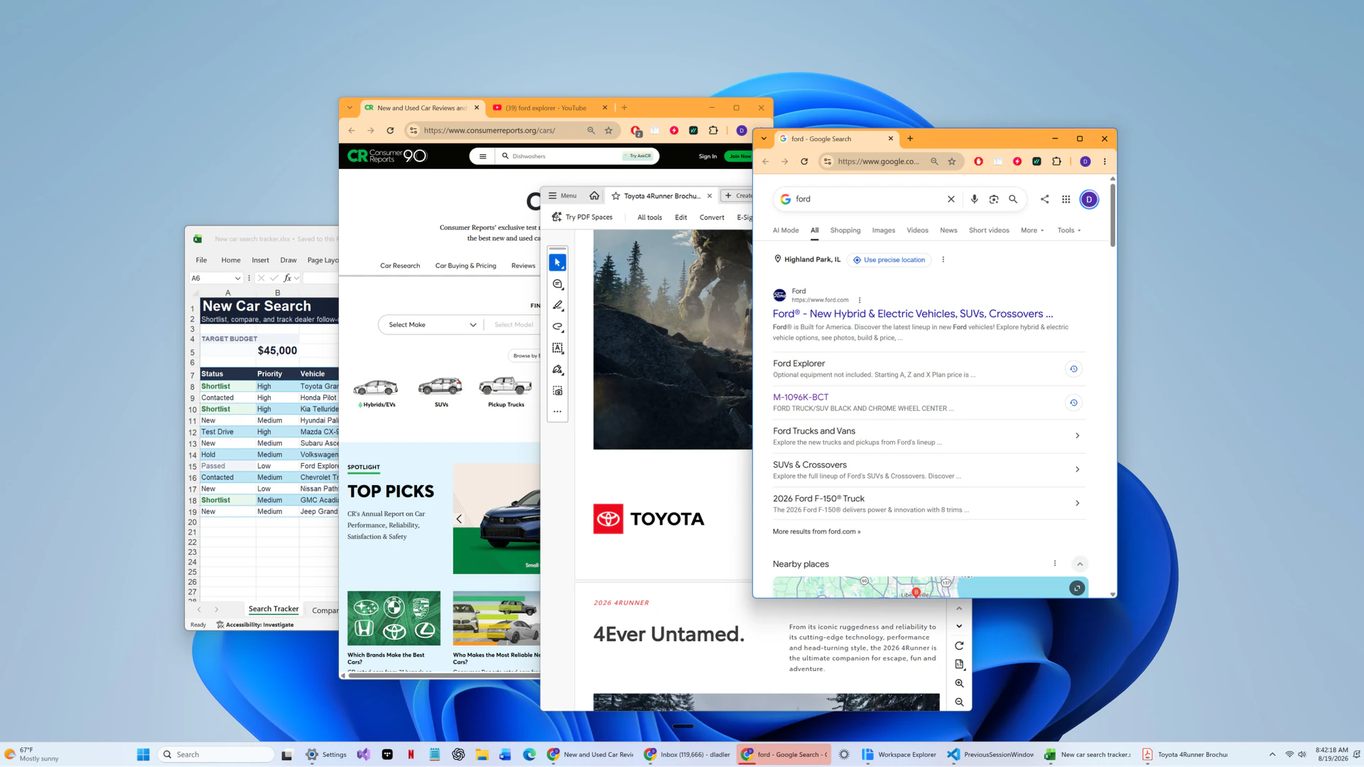 A task desktop with relevant apps and browser windows gathered but still overlapping