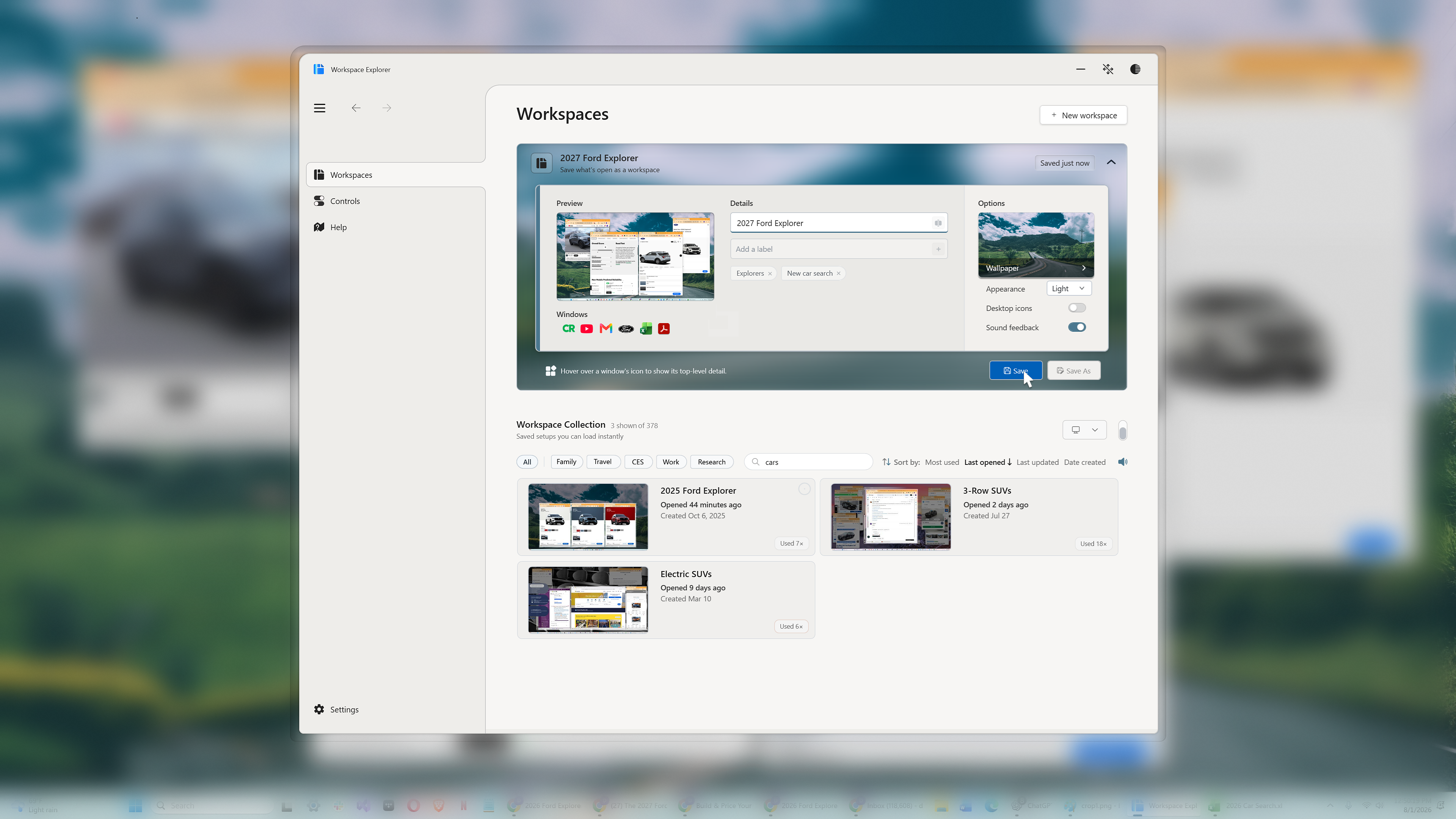 Workspace Explorer showing a workspace editor with Save and Save As controls